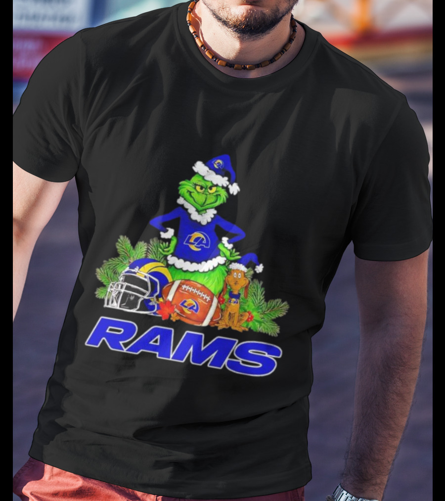 Grinch Max Los Angeles Rams Christmas Football Santa Hat T-Shirt