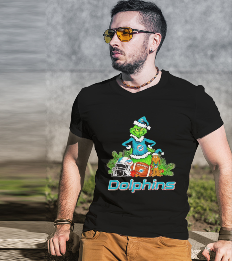 Miami Dolphins Grinch Max Christmas Football Helmet Holiday T-Shirt