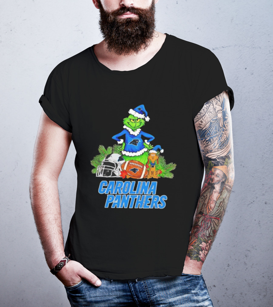 Carolina Panthers Christmas Grinch And Max Football Helmet Holiday T-Shirt