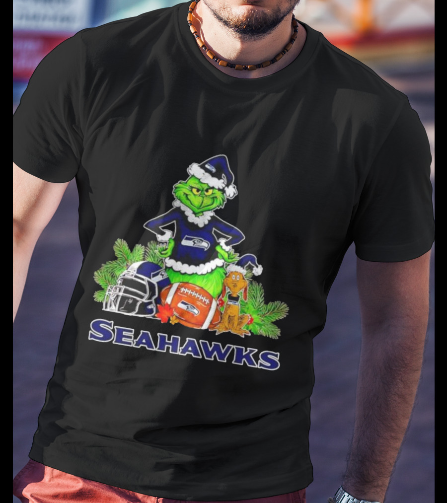 Grinch And Max With Seattle Seahawks Christmas Helmets And Football T-Shirt
