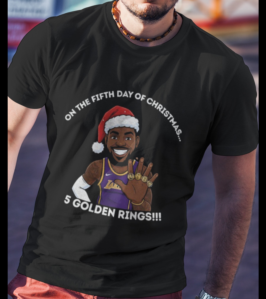 Lebron James Lakers Christmas Five Golden Rings Santa Hat T-Shirt