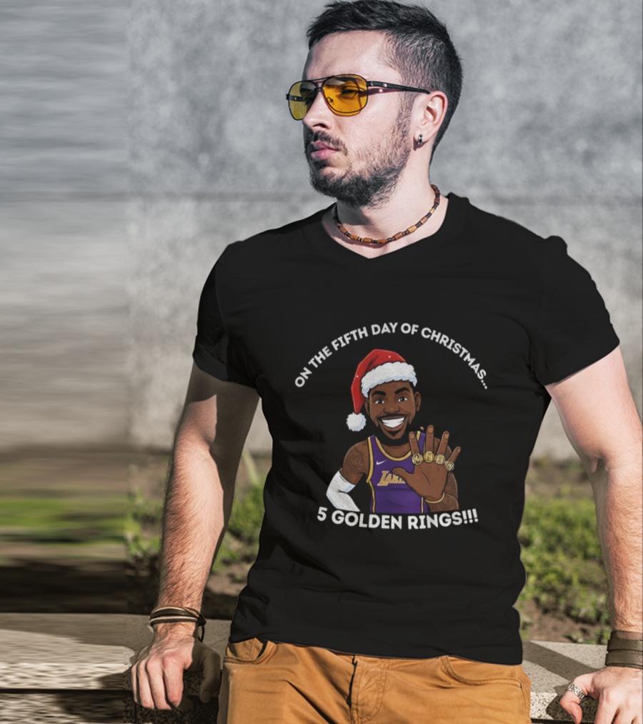 Lebron James Lakers Christmas Five Golden Rings Santa Hat T-Shirt