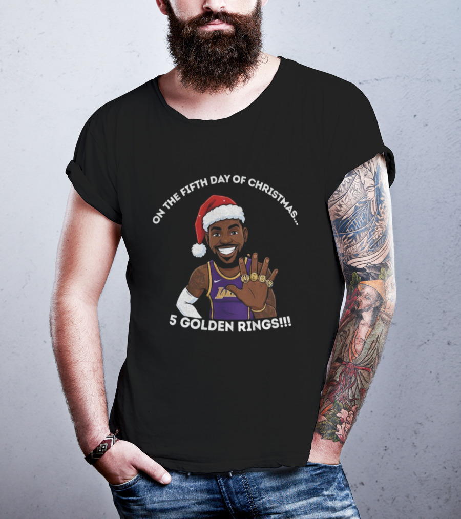Lebron James Lakers Christmas Five Golden Rings Santa Hat T-Shirt