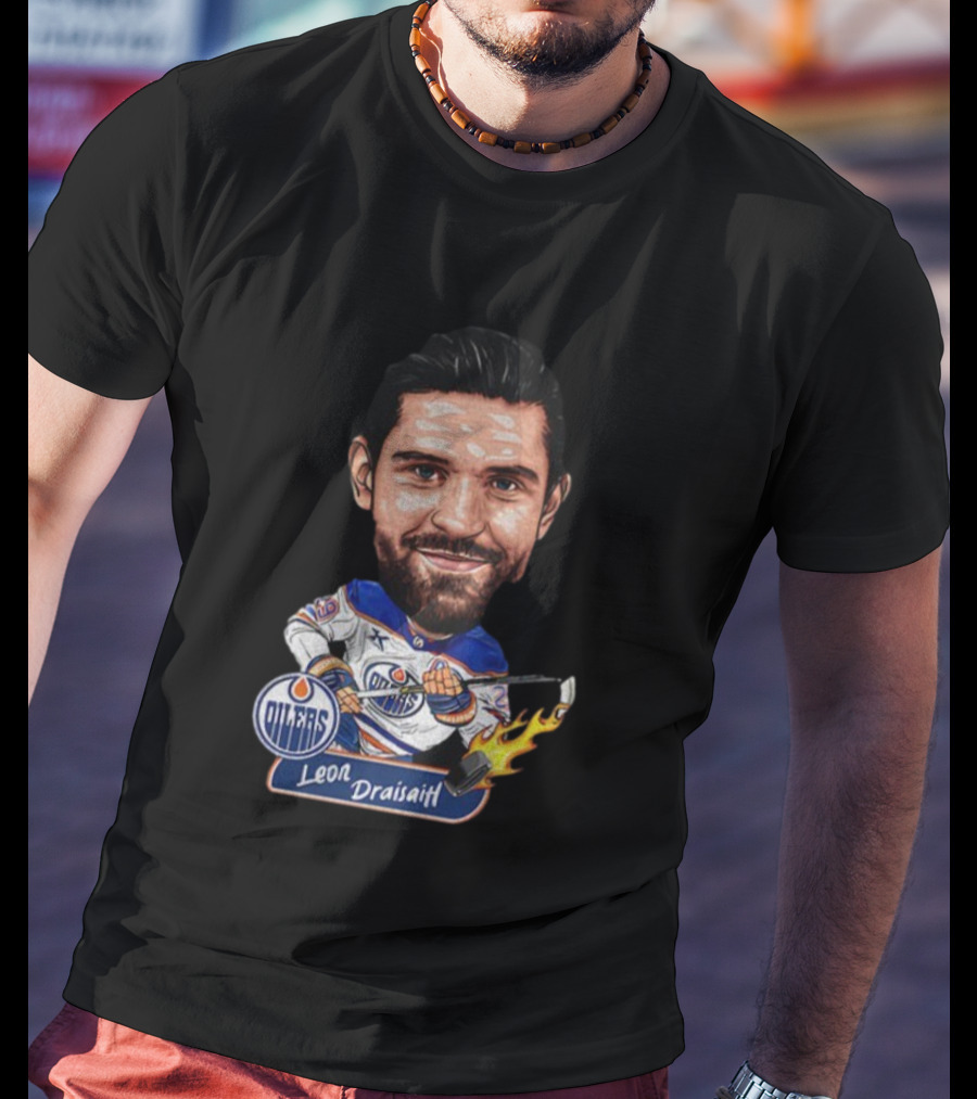 Edmonton Oilers Hockey Leon Draisaitl Caricature Flames Stick T-Shirt