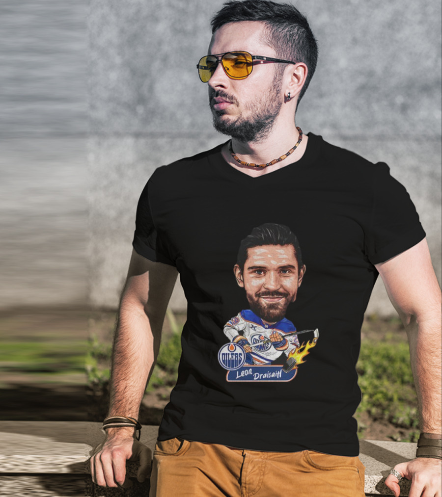 Edmonton Oilers Hockey Leon Draisaitl Caricature Flames Stick T-Shirt