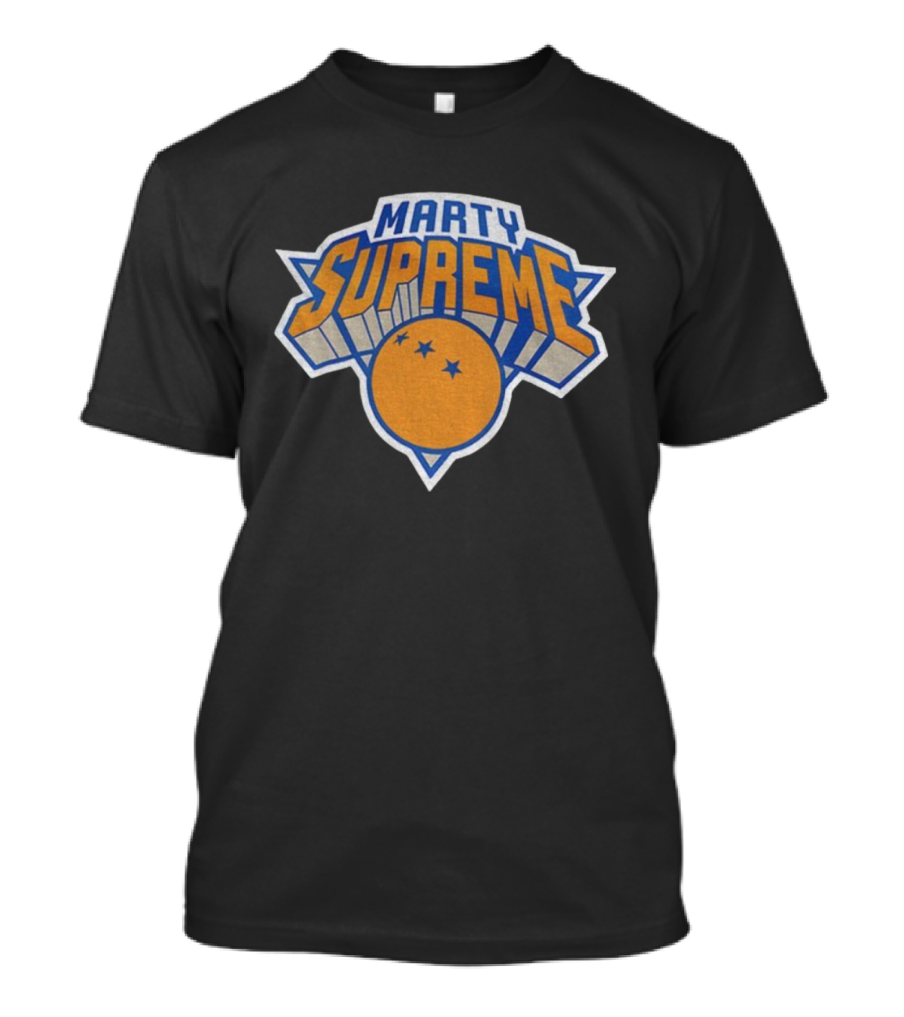 Marty Supreme New York Knicks Inspired Graphics Orange Blue Basketball T-Shirt