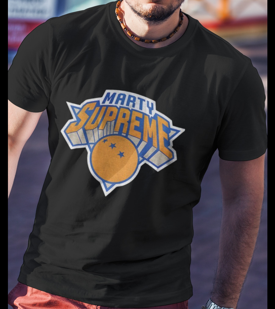 Marty Supreme New York Knicks Inspired Graphics Orange Blue Basketball T-Shirt