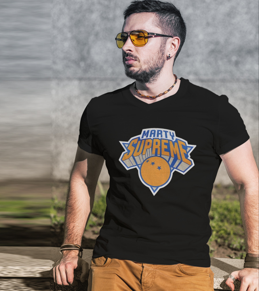 Marty Supreme New York Knicks Inspired Graphics Orange Blue Basketball T-Shirt