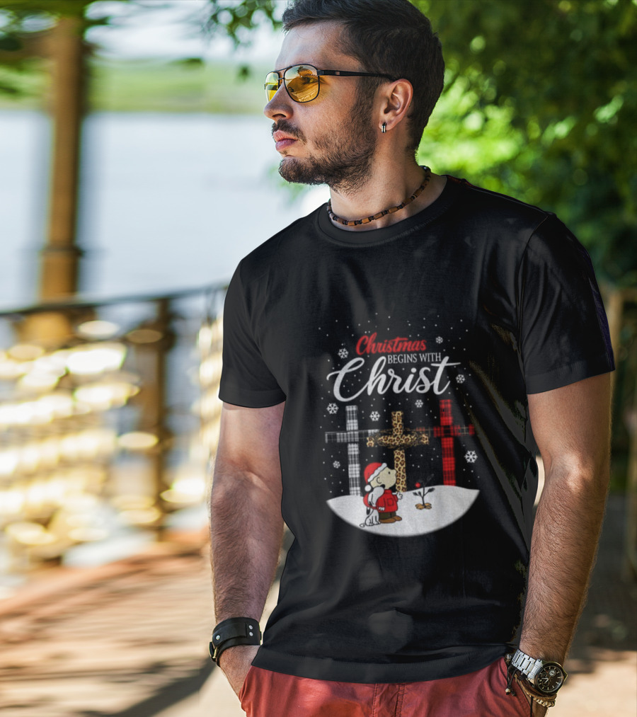 Christmas Begins With Christ Snoopy Charlie Brown Holiday Snow Scene T-Shirt