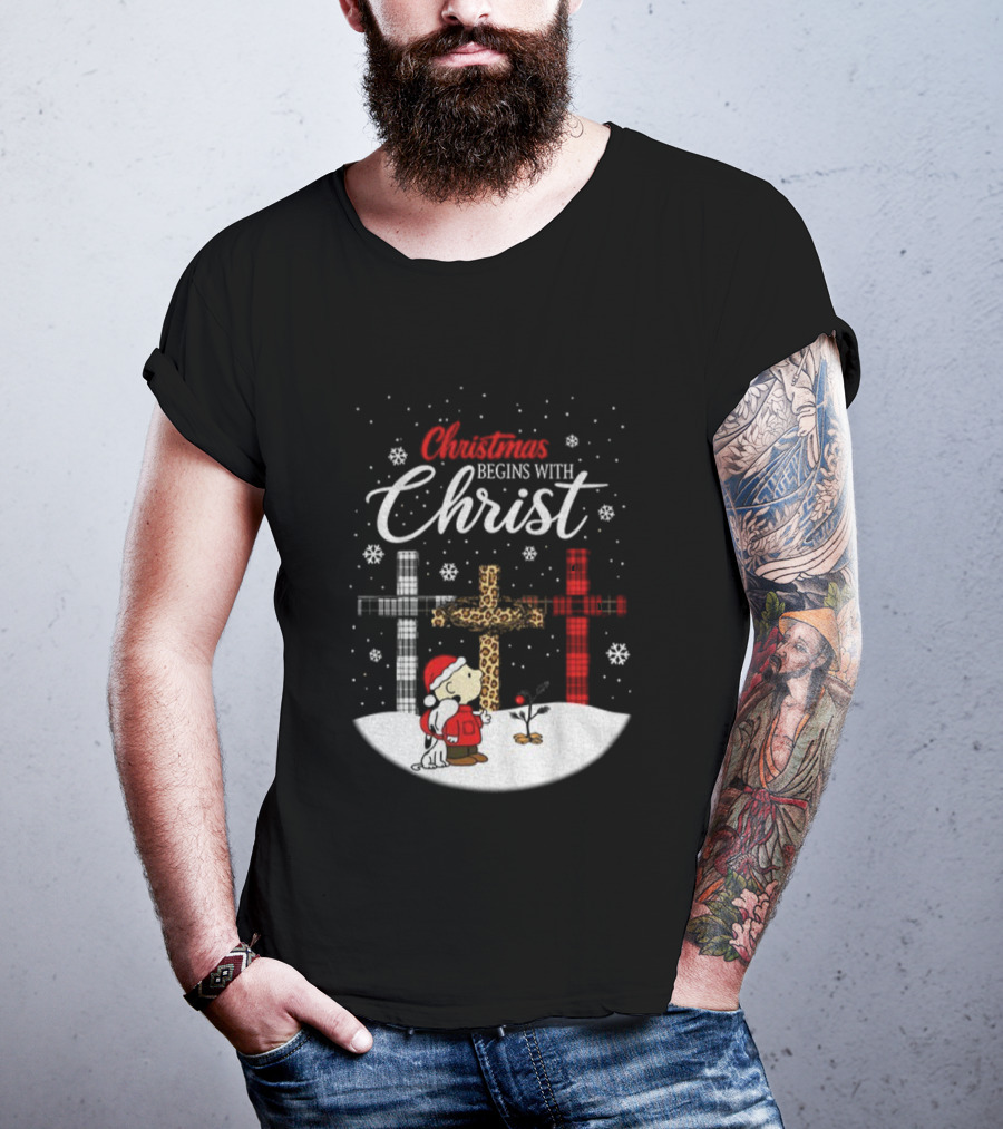 Christmas Begins With Christ Snoopy Charlie Brown Holiday Snow Scene T-Shirt