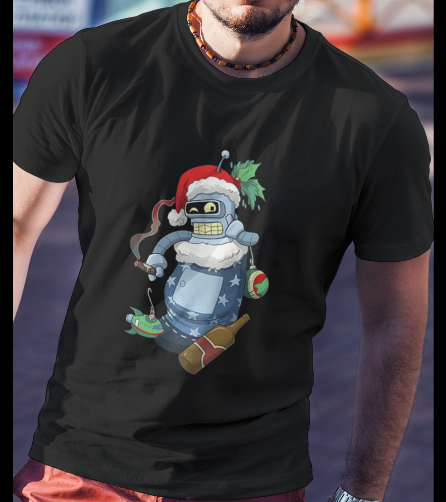 Futurama Bender Christmas Stocking Stuffer Smoking Cigar Santa Hat T-Shirt