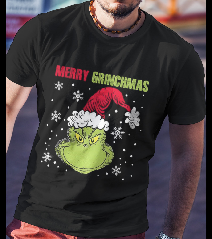Merry Grinchmas Grinch Head Santa Hat Christmas Snowflakes T-Shirt