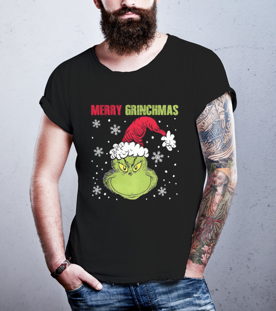 Merry Grinchmas Grinch Head Santa Hat Christmas Snowflakes T-Shirt
