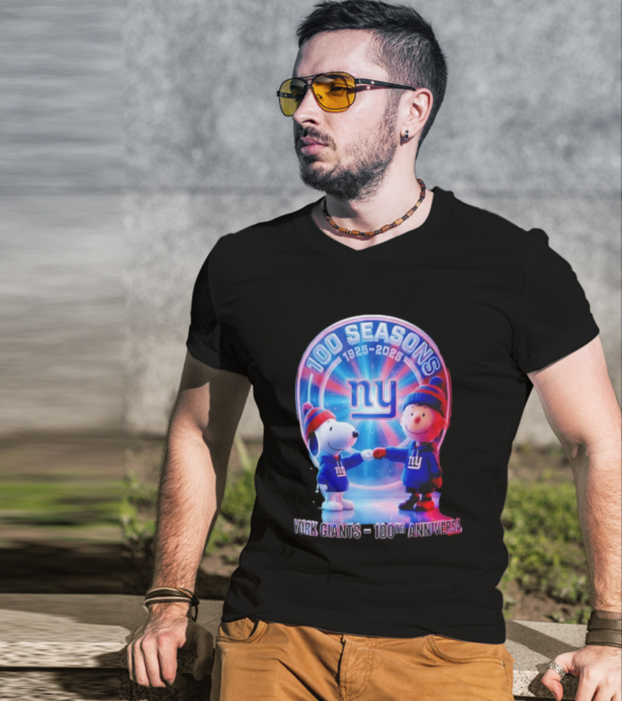 Snoopy Charlie Brown NY 100 Seasons 1925 2025 Giants 100th Anniversary T-Shirt