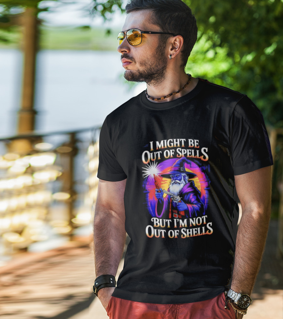 Wizard I Might Be Out Of Spells But I'm Not Out Of Shells Retro Wizard With Gun T-Shirt