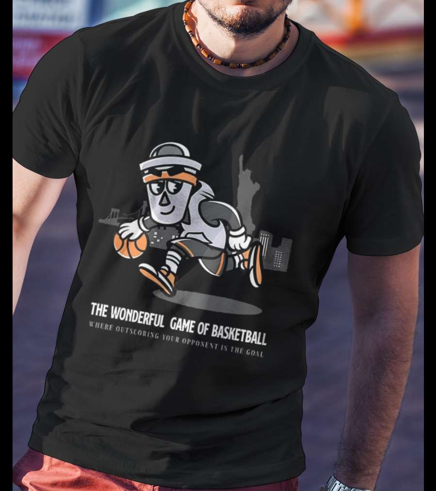 The Wonderful Game Of Basketball Mascot Bucket Man Outscoring Opponent NYC Skyline T-Shirt
