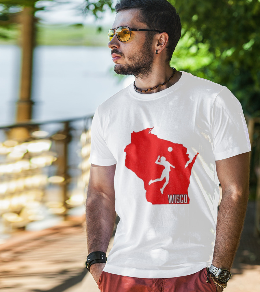 Wisconsin Badgers Volleyball Wisco Map Athlete Silhouette T-Shirt