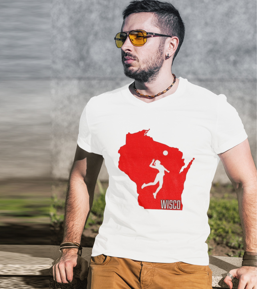 Wisconsin Badgers Volleyball Wisco Map Athlete Silhouette T-Shirt