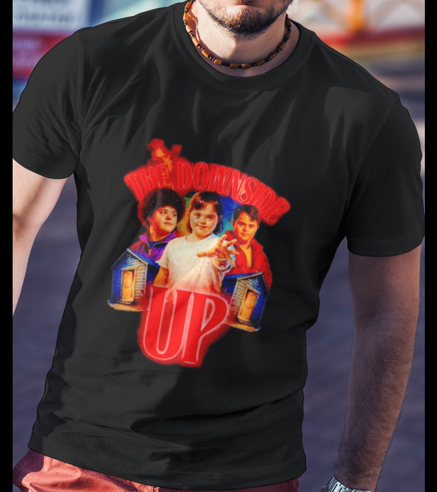 The Downside Up Stranger Things Meme Parody With Character Trio And Cabins T-Shirt