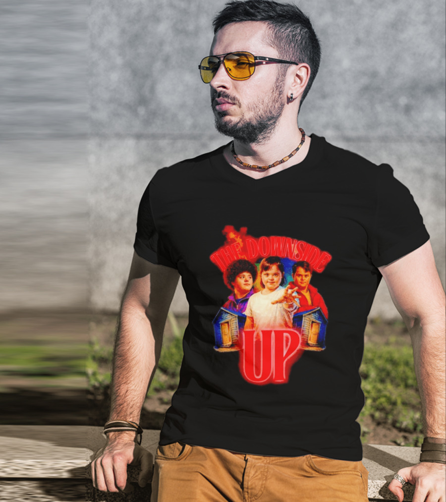 The Downside Up Stranger Things Meme Parody With Character Trio And Cabins T-Shirt