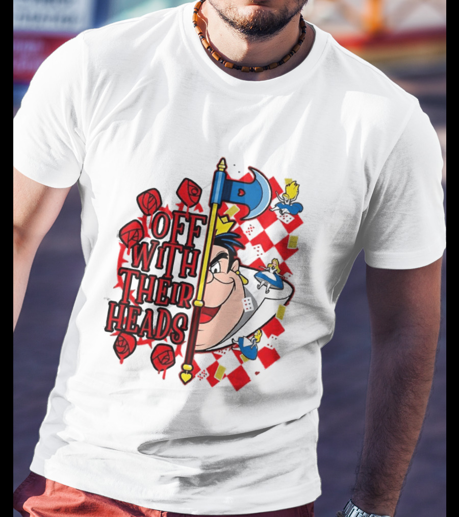 Off With Their Heads Queen Hearts Alice In Wonderland Axe Chessboard Cartoon T-Shirt