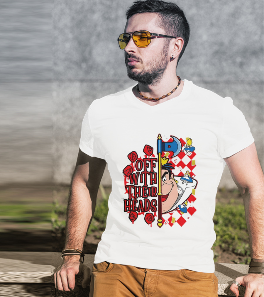 Off With Their Heads Queen Hearts Alice In Wonderland Axe Chessboard Cartoon T-Shirt