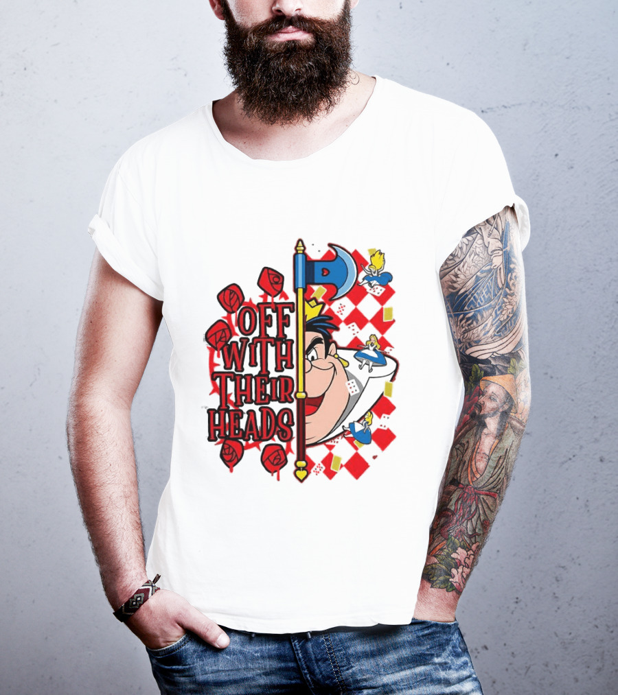 Off With Their Heads Queen Hearts Alice In Wonderland Axe Chessboard Cartoon T-Shirt