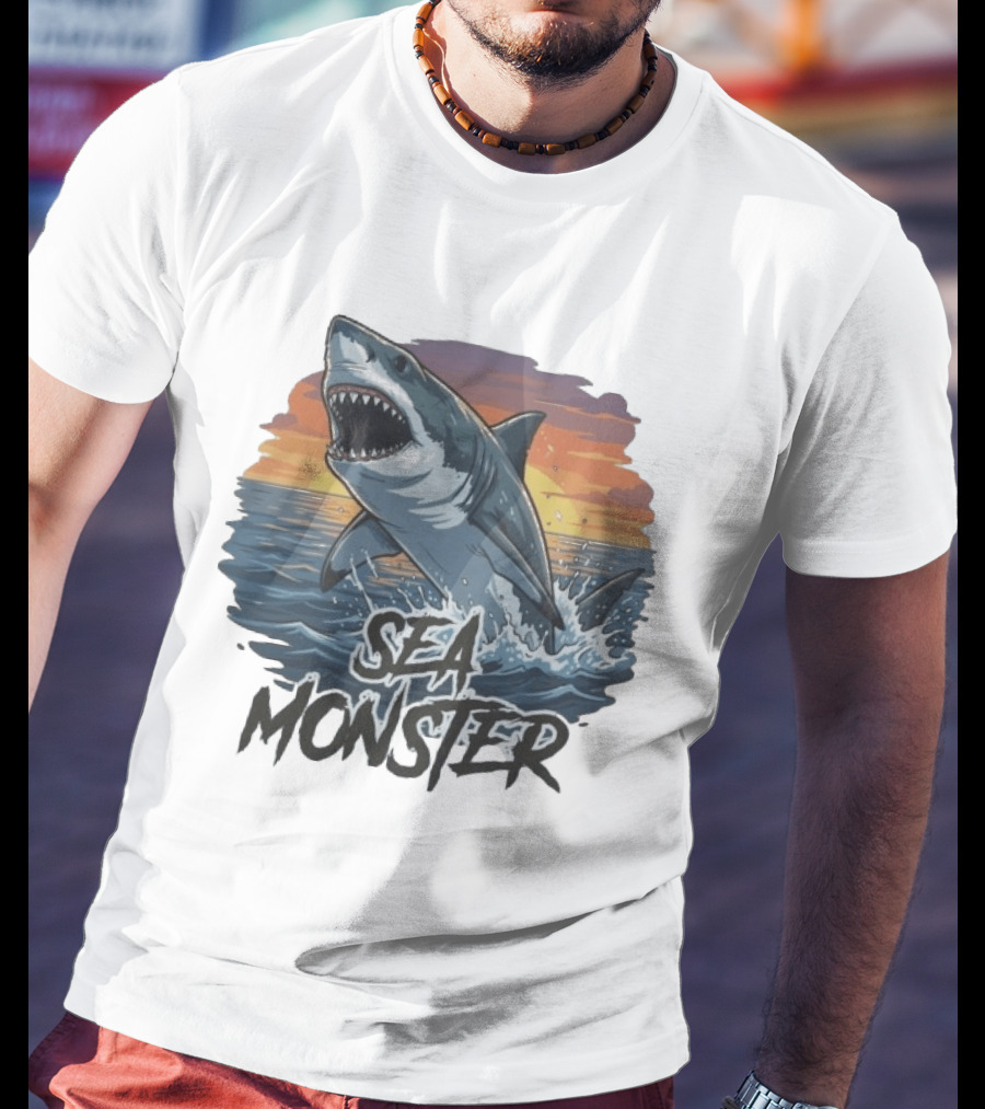 Rawwfishing Sea Monster Shark Sunset Ocean Scene T-Shirt