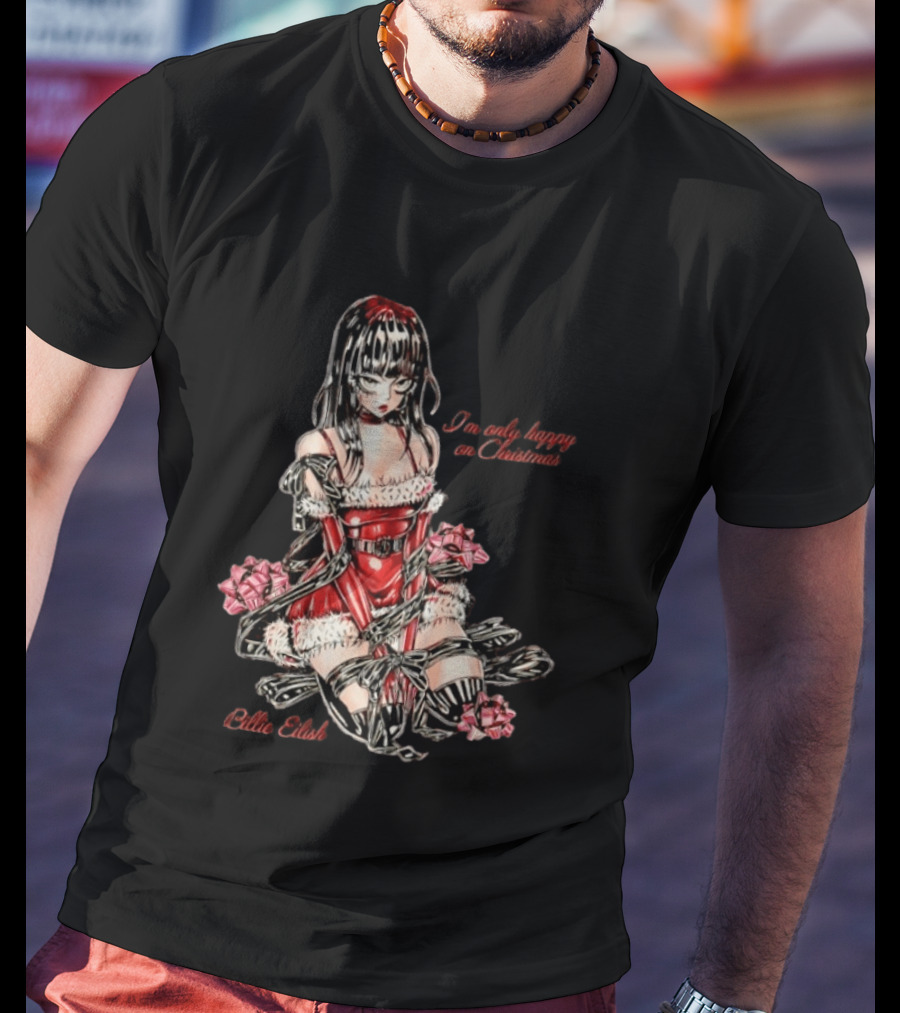 Billie Eilish I'm Only Happy On Christmas Red Outfit Wrapping Ribbon T-Shirt