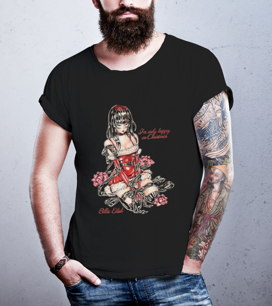 Billie Eilish I'm Only Happy On Christmas Red Outfit Wrapping Ribbon T-Shirt