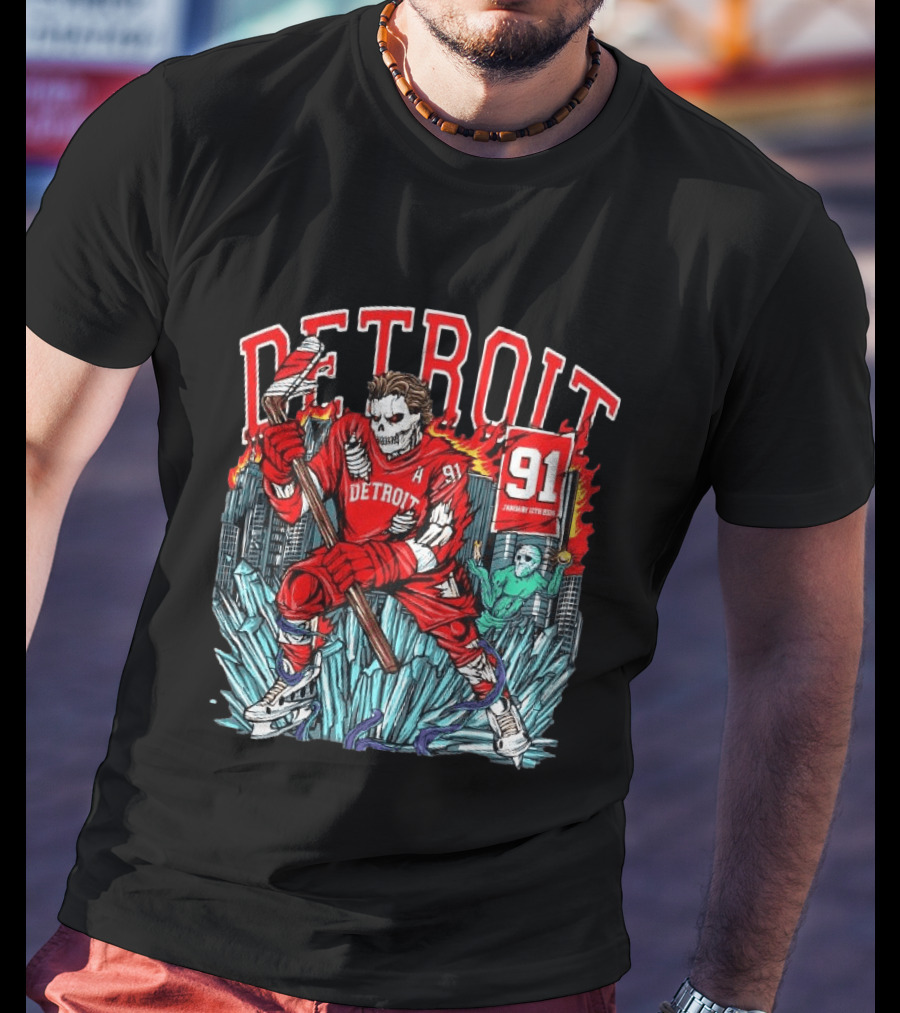 Detroit Red Wings Skeleton Hockey Player 91 January 17th 2026 T-Shirt
