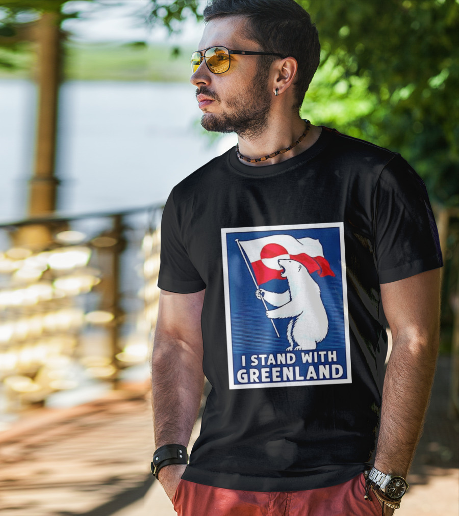 I Stand With Greenland Polar Bear Holding Flag Solidarity Banner T-Shirt