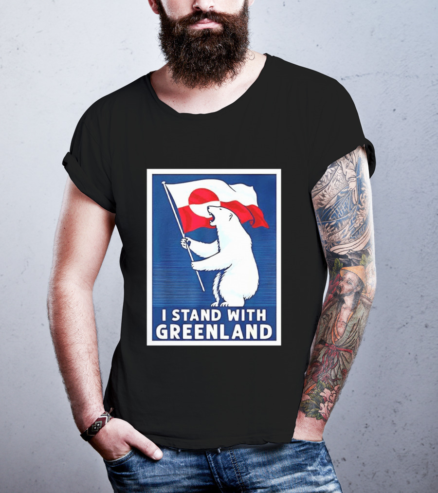 I Stand With Greenland Polar Bear Holding Flag Solidarity Banner T-Shirt
