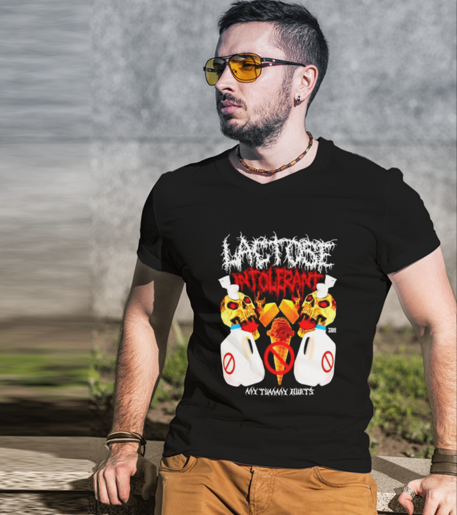Lactose Intolerant Skulls Milk Jugs No Ice Cream My Tummy Hurts T-Shirt