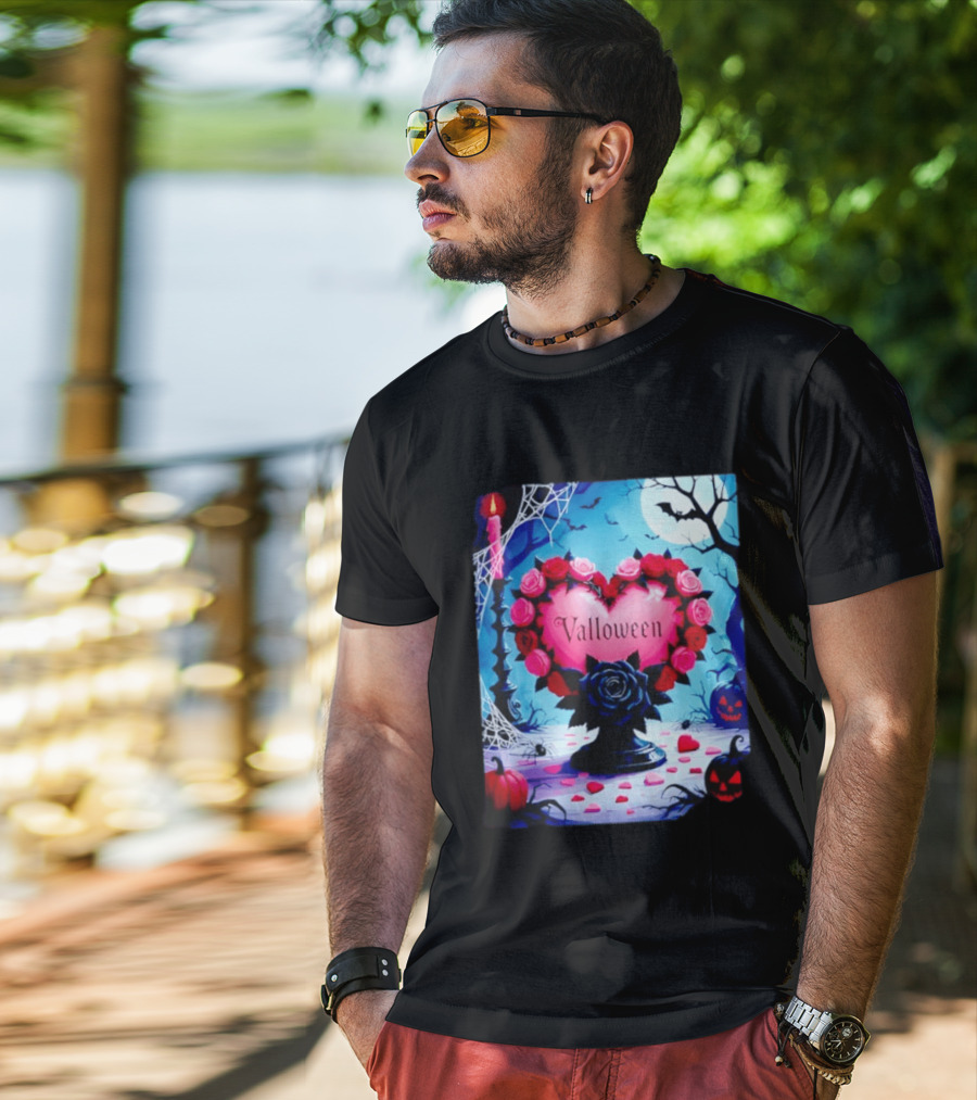 Valloween Romance And Menace Heart Rose Candle Moonlit Halloween T-Shirt