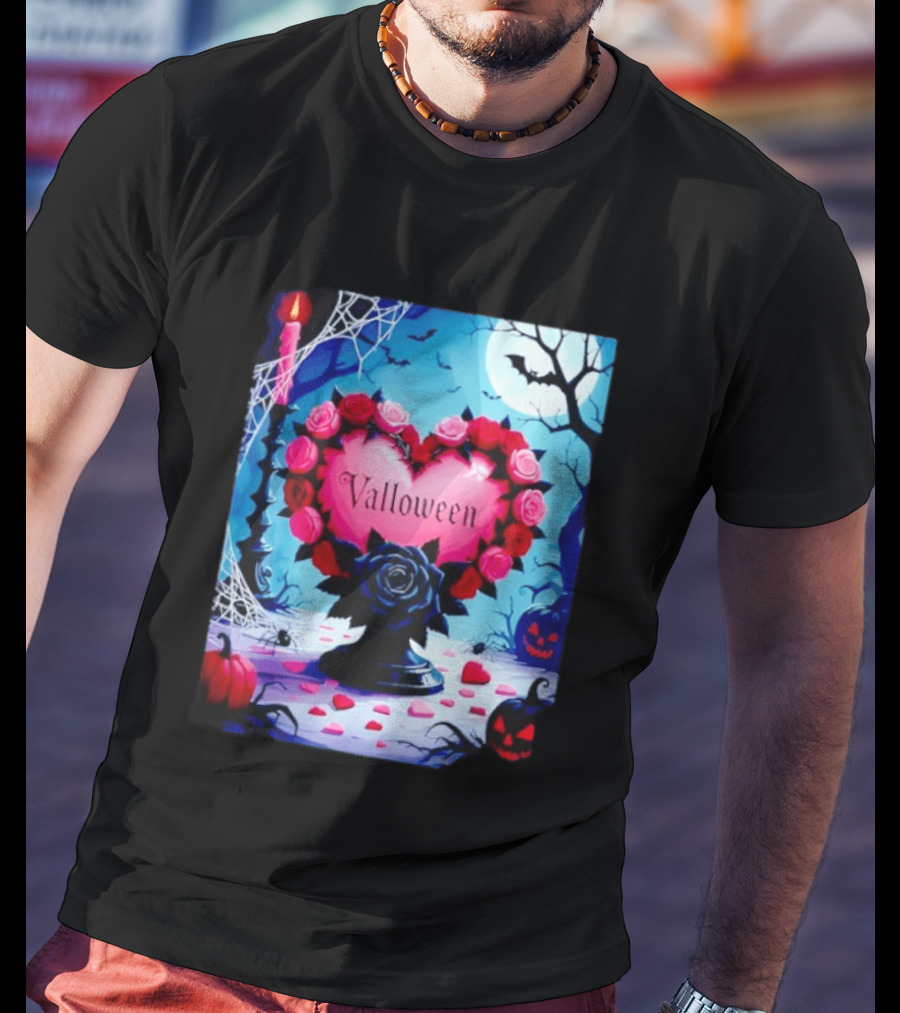 Valloween Romance And Menace Heart Rose Candle Moonlit Halloween T-Shirt