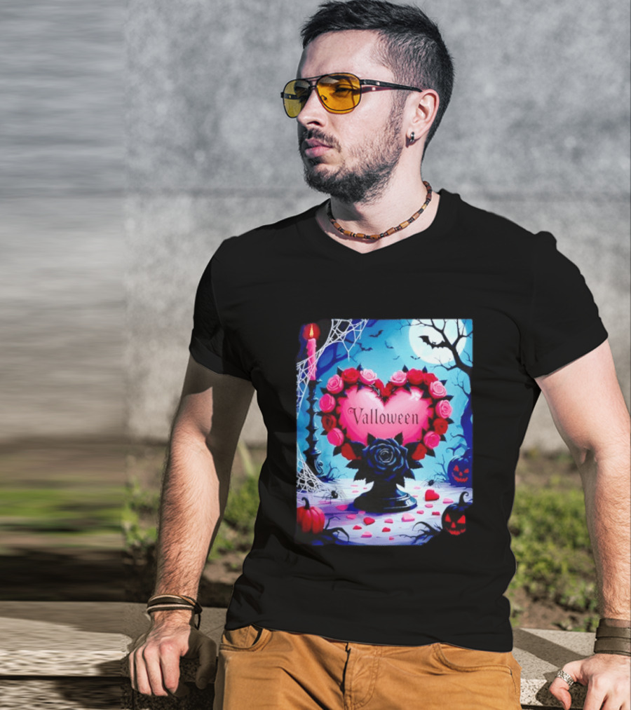 Valloween Romance And Menace Heart Rose Candle Moonlit Halloween T-Shirt