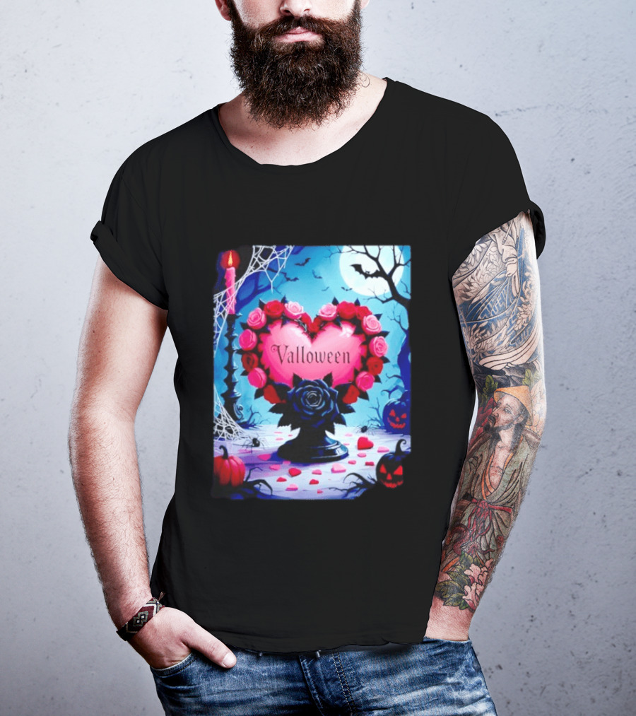Valloween Romance And Menace Heart Rose Candle Moonlit Halloween T-Shirt