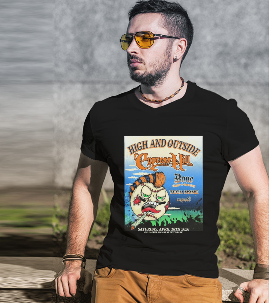 High And Outside Cypress Hill Bone Thugs N Harmony Tech N9ne Coyote Gallagher Square Petco Park April 18 2026 T-Shirt