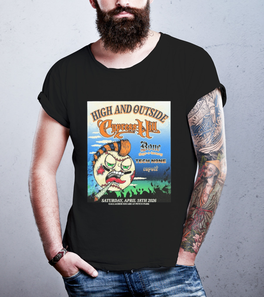 High And Outside Cypress Hill Bone Thugs N Harmony Tech N9ne Coyote Gallagher Square Petco Park April 18 2026 T-Shirt