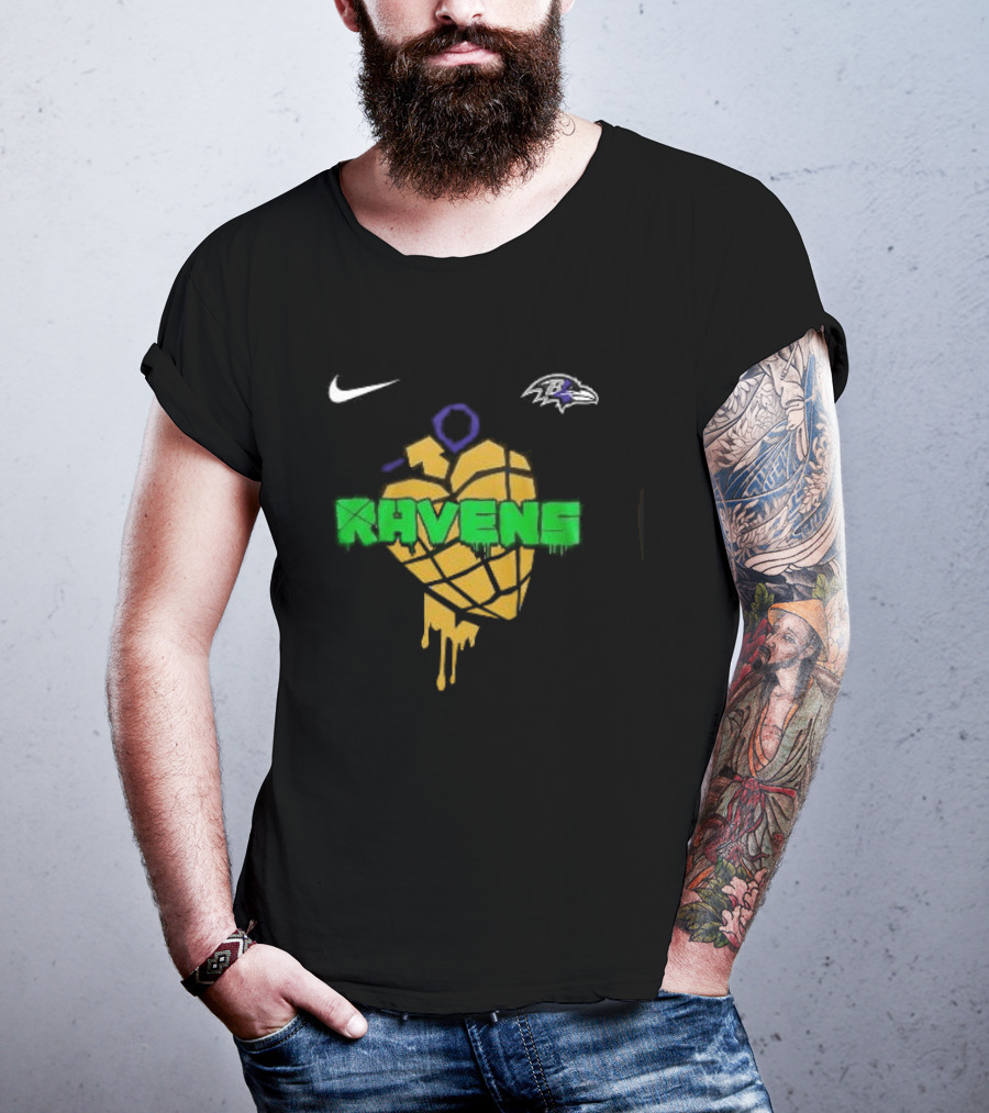 Baltimore Ravens Green Day Football Skull Nike Ravens Heart T-Shirt