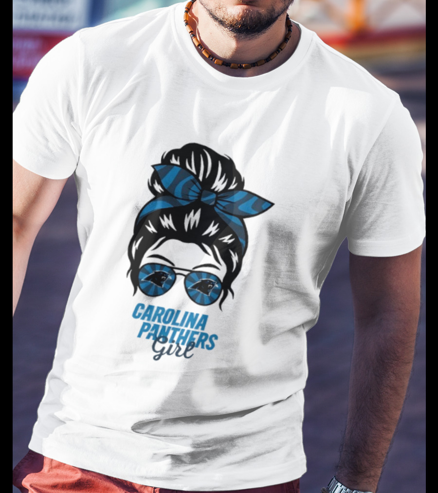 Carolina Panthers Girl Messy Bun Glasses Blue Bow Fan T-Shirt