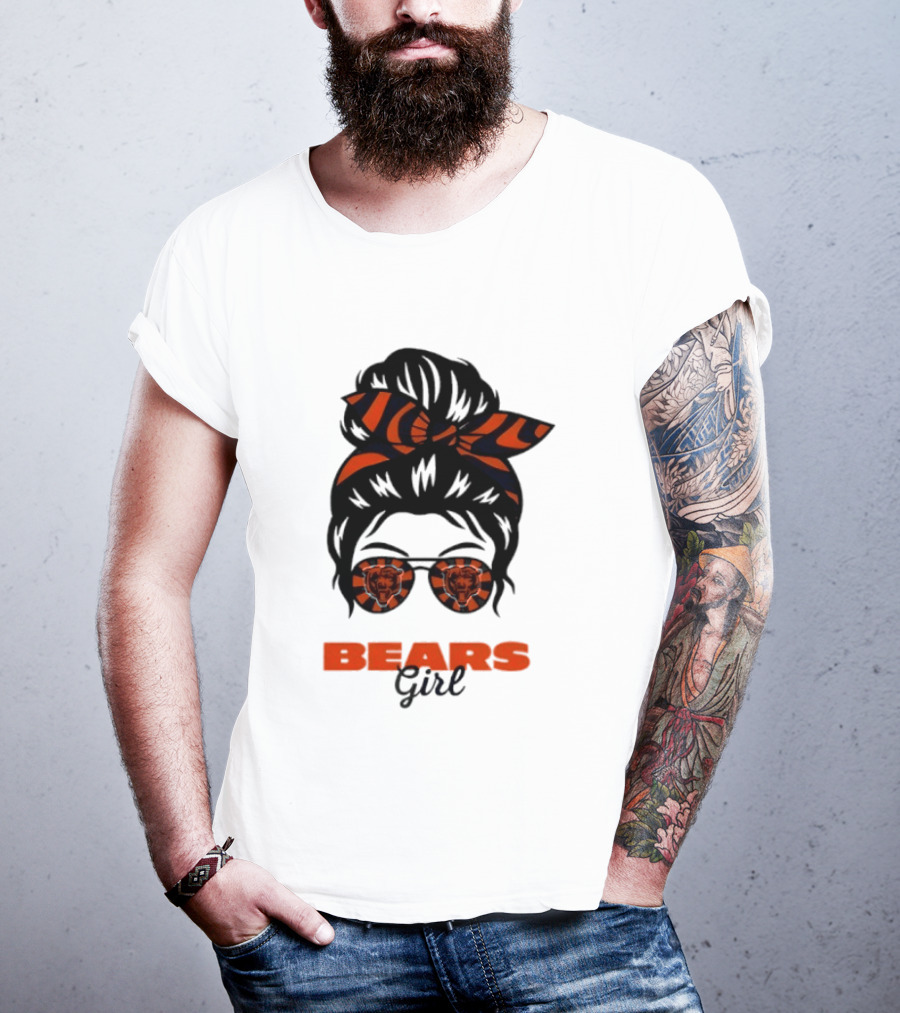 Chicago Bears Girl Messy Bun Glasses Football Fan T-Shirt