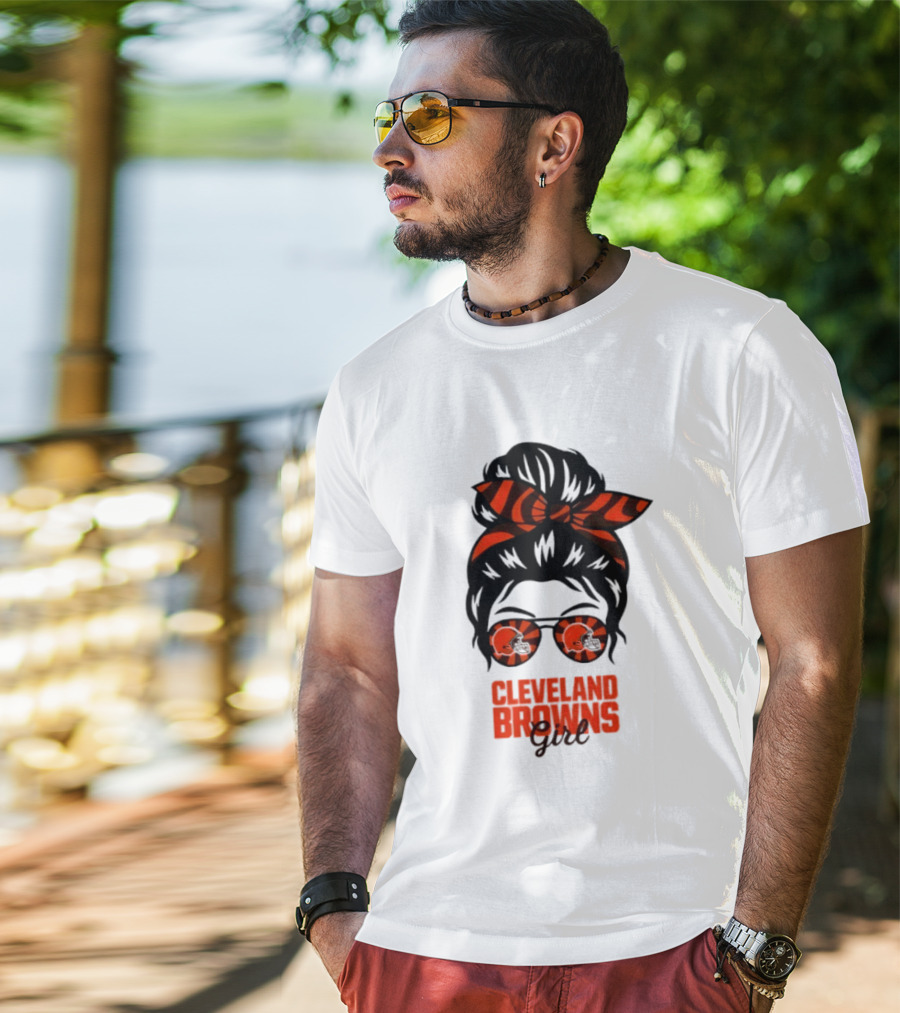 Cleveland Browns Fan Messy Bun Sunglasses T-Shirt