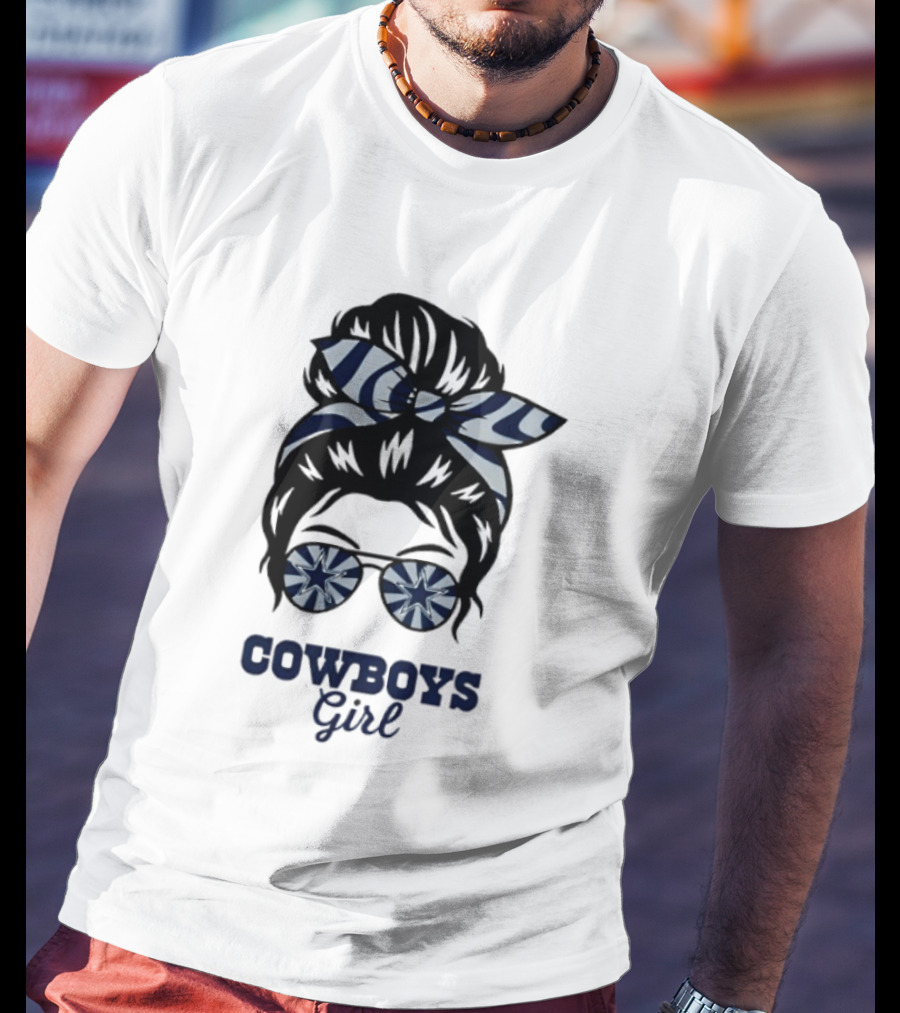 Dallas Cowboys Girl Messy Bun With Glasses And Star T-Shirt