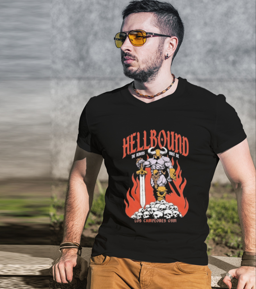 Hellbound Los Campeones Gym The Demos Warrior 2026 Flames Sword Iconic Warrior T-Shirt