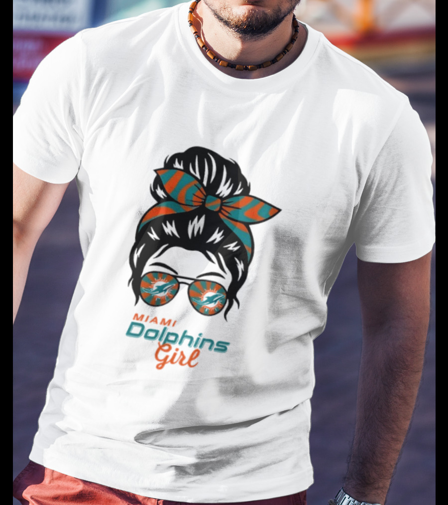 Miami Dolphins Girl Messy Bun Glasses Bow Fan Merchandise T-Shirt