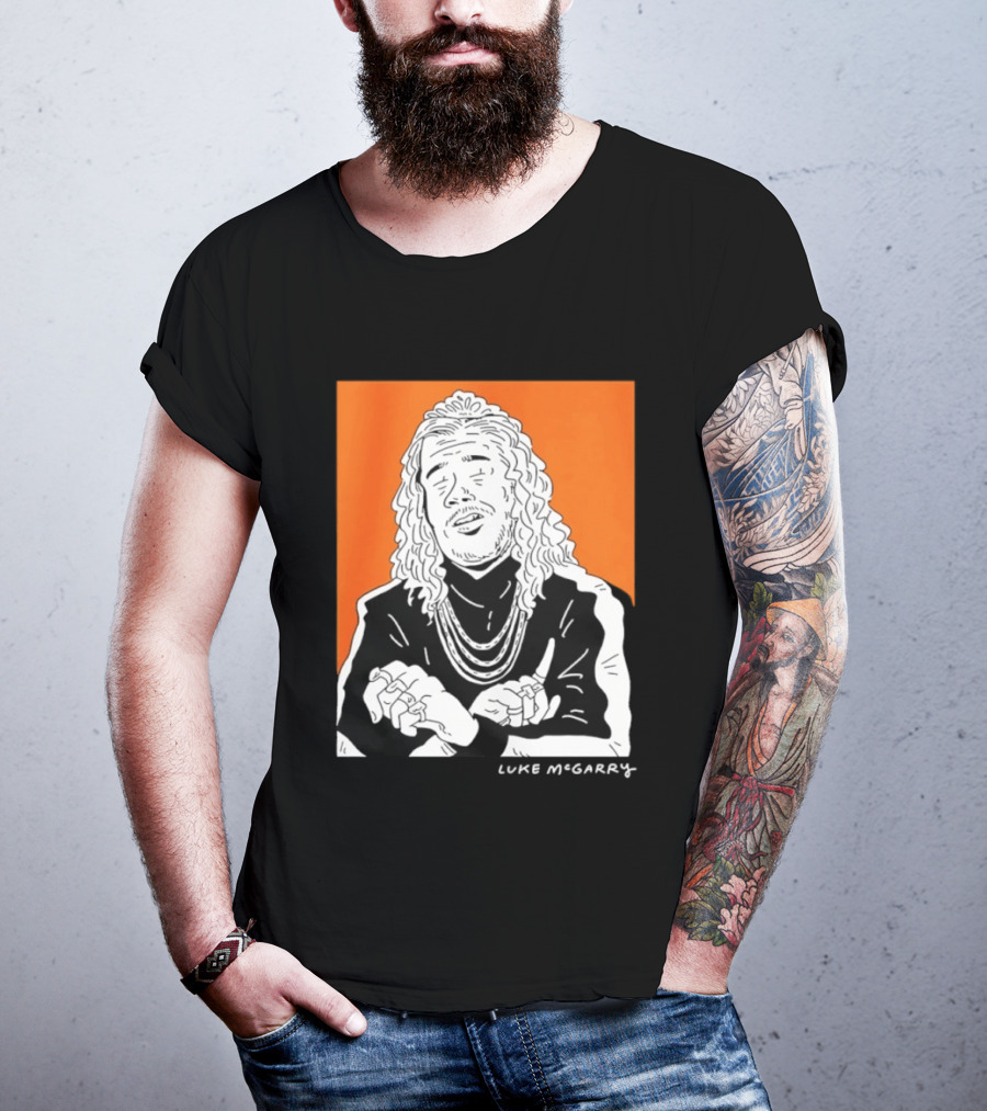Luke McGarry Cartoon Character With Long Hair And Chains On Orange T-Shirt