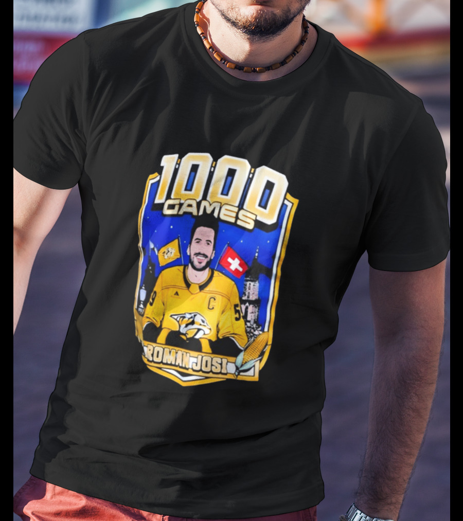 Nashville Predators Roman Josi 1000 Games Celebration NHL Captain Swiss Flag T-Shirt