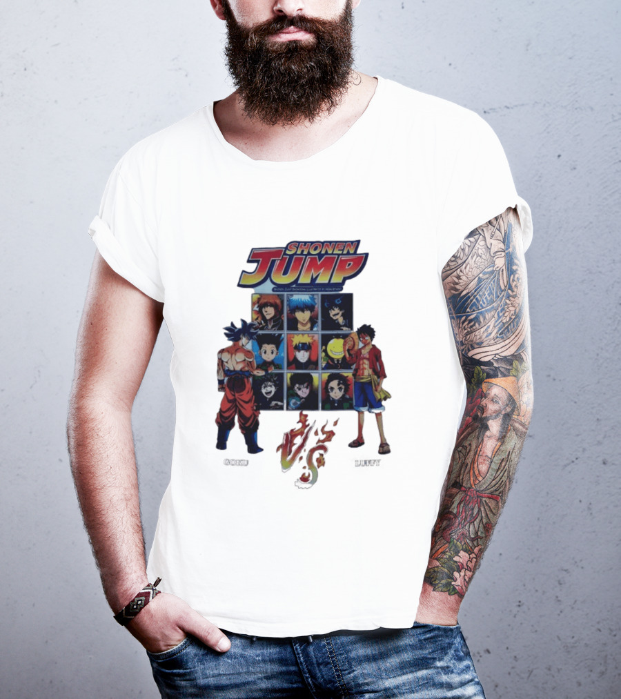 Shonen Jump Goku Luffy Anime Crossover Naruto One Piece Classic Manga Characters T-Shirt